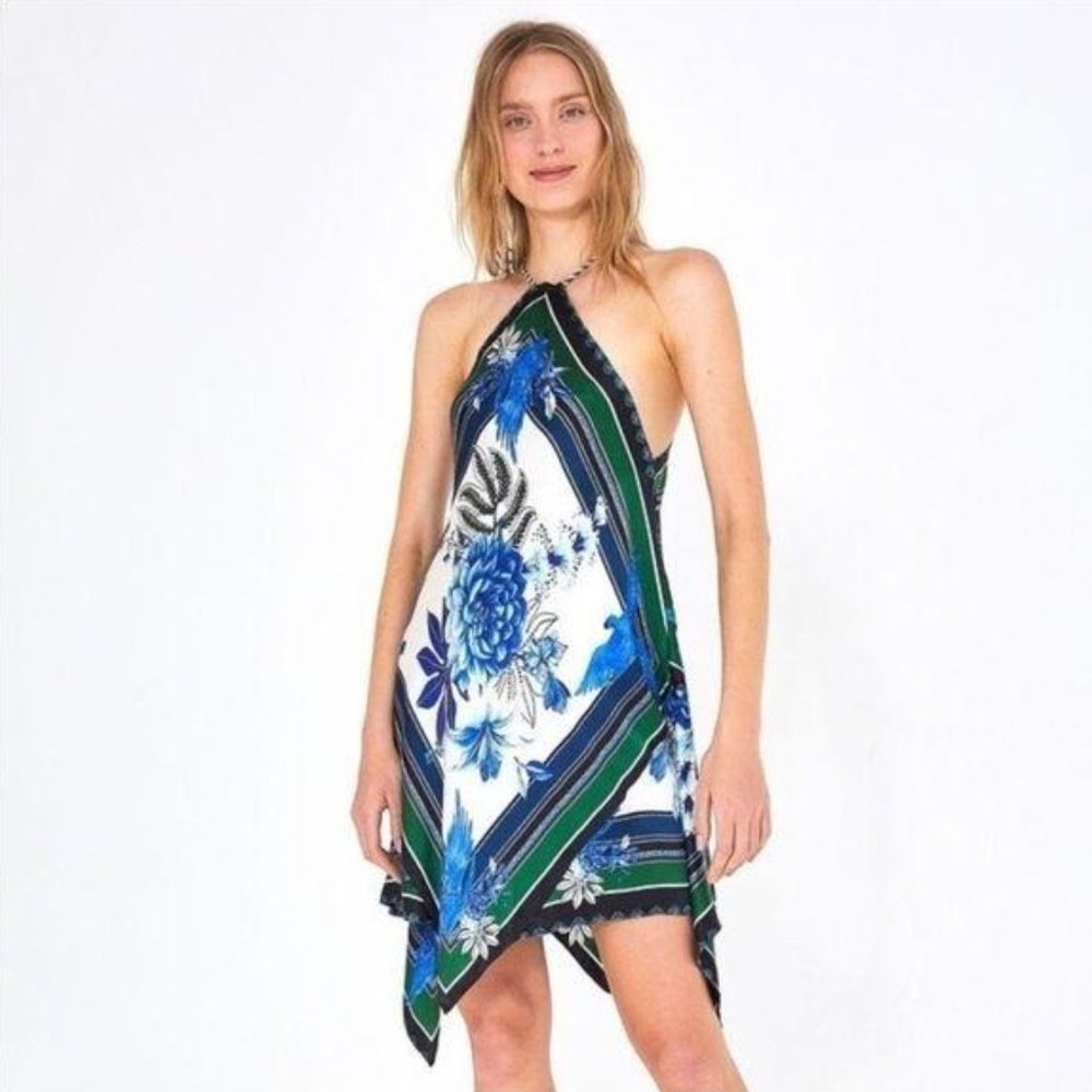 Farm Rio Lazule Silk Scarf Halter Mini Dress